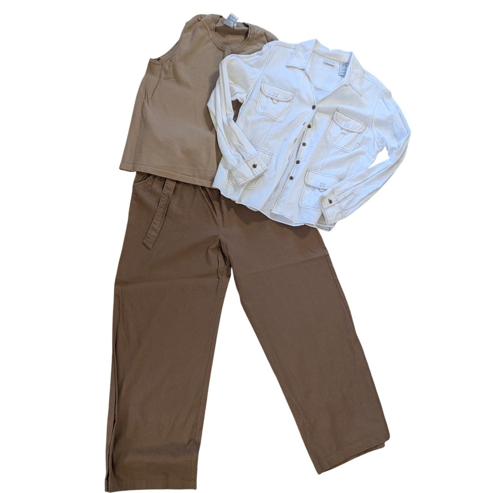 White Stag 3pc Set Womens XL Tan White Linen Blend Jacket Pants Tank Safari Boho